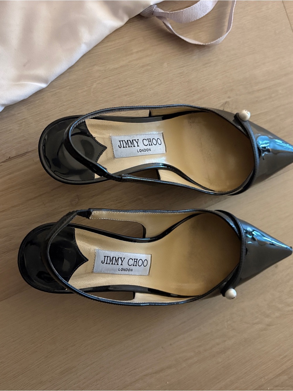 Jimmy Choo Black Patent Leather Pointed Slingback Pumps with Pearl Accent - Picture 4 of 9